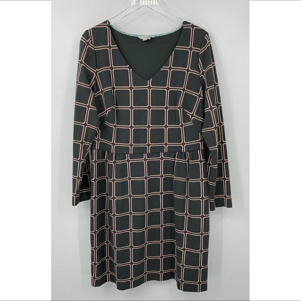 Boden Eliza ponte knit dress gray pink square check shift v-neck plaid 16